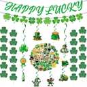 66PCS St. Patrick's Day Party Supplies Set with 2 Banner 4 Hanging Shamrock Clover 10 Hanging Swirls 50 Stickers Ornaments for Irish St. Patrick's Day Indoor Outdoor Party Decor