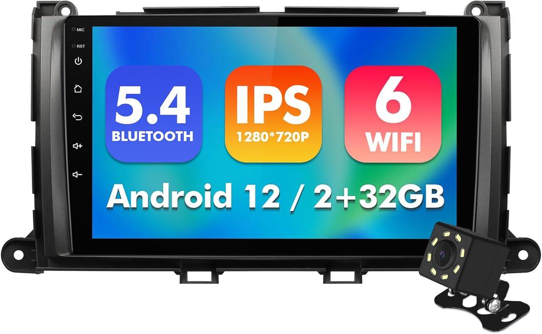 9 Inch IPS Touchscreen Android 12 Car Stereo for Toyota Sienna 2011-2014 with Wireless CarPlay & Android Auto 2+32GB Car Radio, Support GPS, WiFi 6, Bluetooth,5.4, FM Radio, Backup Camera, SWC