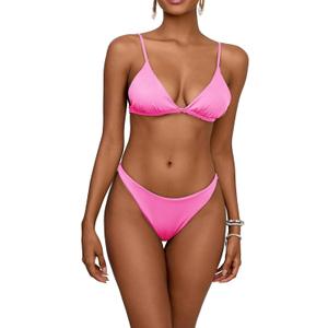 Thong Bikini Sets for Women Sexy Cross Criss Tie Back Triangle Bikini Cheeky High Cut Swimsuits 2 Piece (Large, Pink)