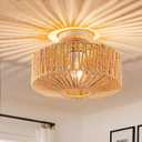 Boho Rattan Ceiling Light - Flush Mount Mini Chandelier Woven Light Fixture for Bedroom, Hallway, Entryway, Bathroom, Nursery