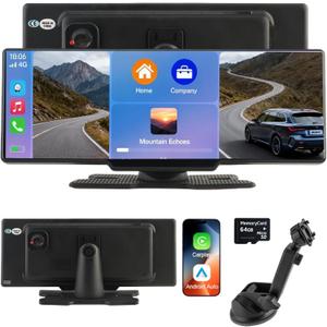 10.26'' Wireless Carplay Screen, Car Play & Android Auto HD Touchscreen Car Stereo with 4K Dash Cam, 1080p Backup Camera, Bluetooth, Mirror Link, Voice Control, AUX, FM (CA102)
