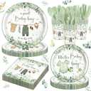 140PCS Greenery Baby Boy Shower Decorations Tableware Set, Boho Greency Party Decorations Tableware Set Dessert Plates Napkins Forks for 20 Guests