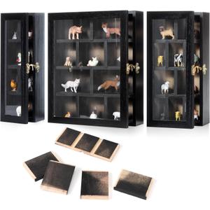Set of 3 Wooden Trinket Display Shelf Shadow Box with Shelves 10 x 15 Inch Large Wall Mounted Display Storage Mini Figures Curio Trinket Medals Crafts Collections(Black,Box Shape)