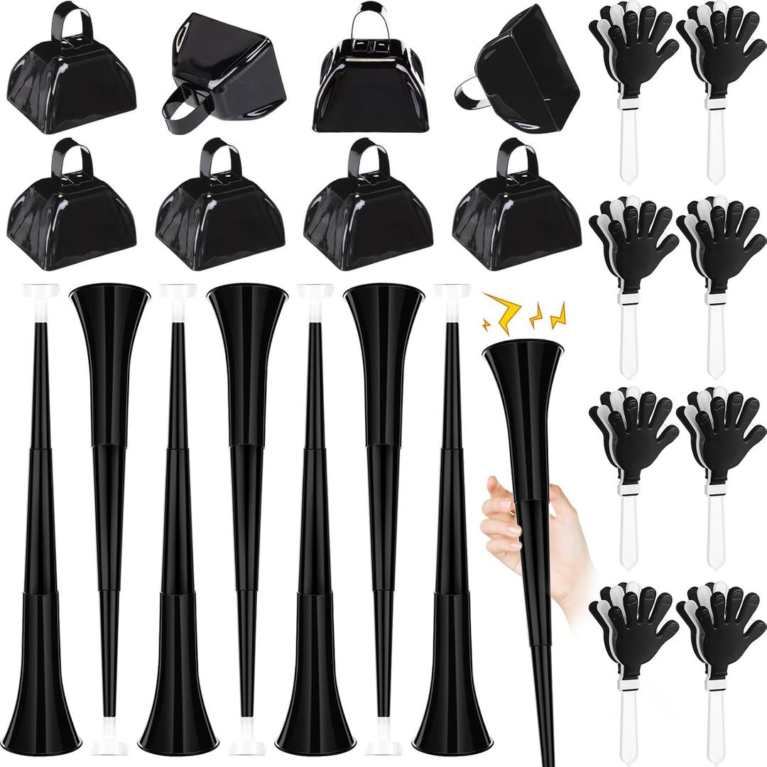 Jenaai 24 Pcs Cheer Team Gifts Bulk Collapsible Stadium Horn Hand Clappers Metal Cowbells Team Cheering Spirit Accessories Noisemakers 24" Vuvuzela Blow Horn for Sporting Events Football Party(Black)