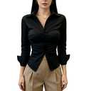 Slim Fitting Sexy Long Sleeved Shirt with Row Collar and Button Pleated Waist for Women's Shirt (US, Alpha, Small, Regular, Regular, Khaki)