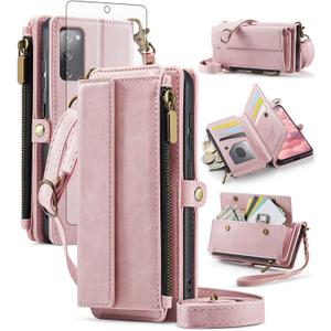 Phone Case for Samsung Galaxy S20 FE 5G 6.5 inch Zipper Wallet Cover with Screen Protector and Crossbody Lanyard Strap Flip S 20 EF UW 2022 S20FE5G S20FE 20S S2O Fan Edition 4G G5 Women Men Rose Gold