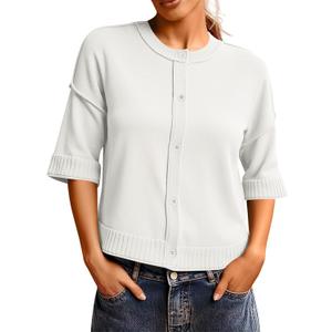 Saodimallsu Womens 3/4 Sleeve Cardigan Sweaters Button Down Crewneck Knit Cropped Tops Casual Fall Outerwear (White, S)