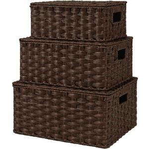 GRANNY SAYS Wicker Baskets with Lids, Set of 3 Decorative Storage Boxes, Woven Basket for Organizing, Storage and Organizer Baskets, Brown, 3-Pack
