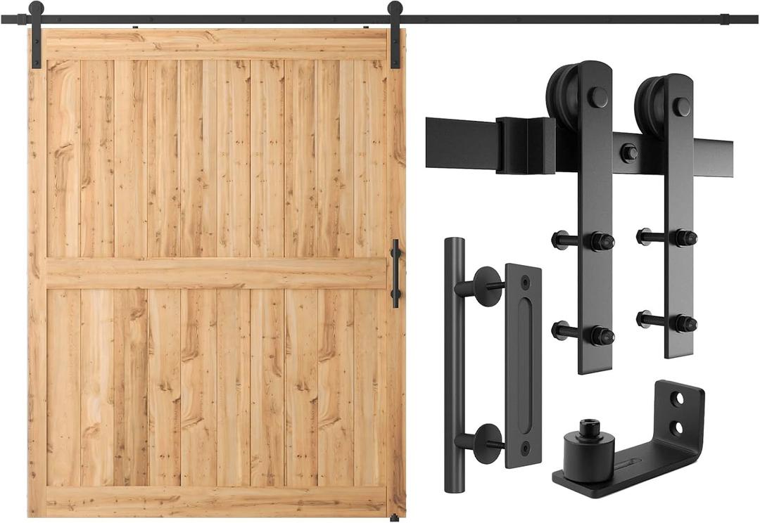 SMARTSTANDARD 11 FT Heavy Duty Sturdy Sliding Barn Door Hardware Kit, Black, (Whole Set Includes 1x Pull Handle Set & 1x Floor Guide) Fit 66" Wide Door Panel (I Shape Hanger)