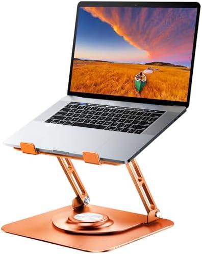 JOYEKY Laptop Stand for Desk, Adjustable Computer Stand with 360° Rotating Base, Ergonomic Laptop Riser for Collaborative Work, Foldable & Portable Laptop Stand, fits for All 10-16" Laptops (Orange)
