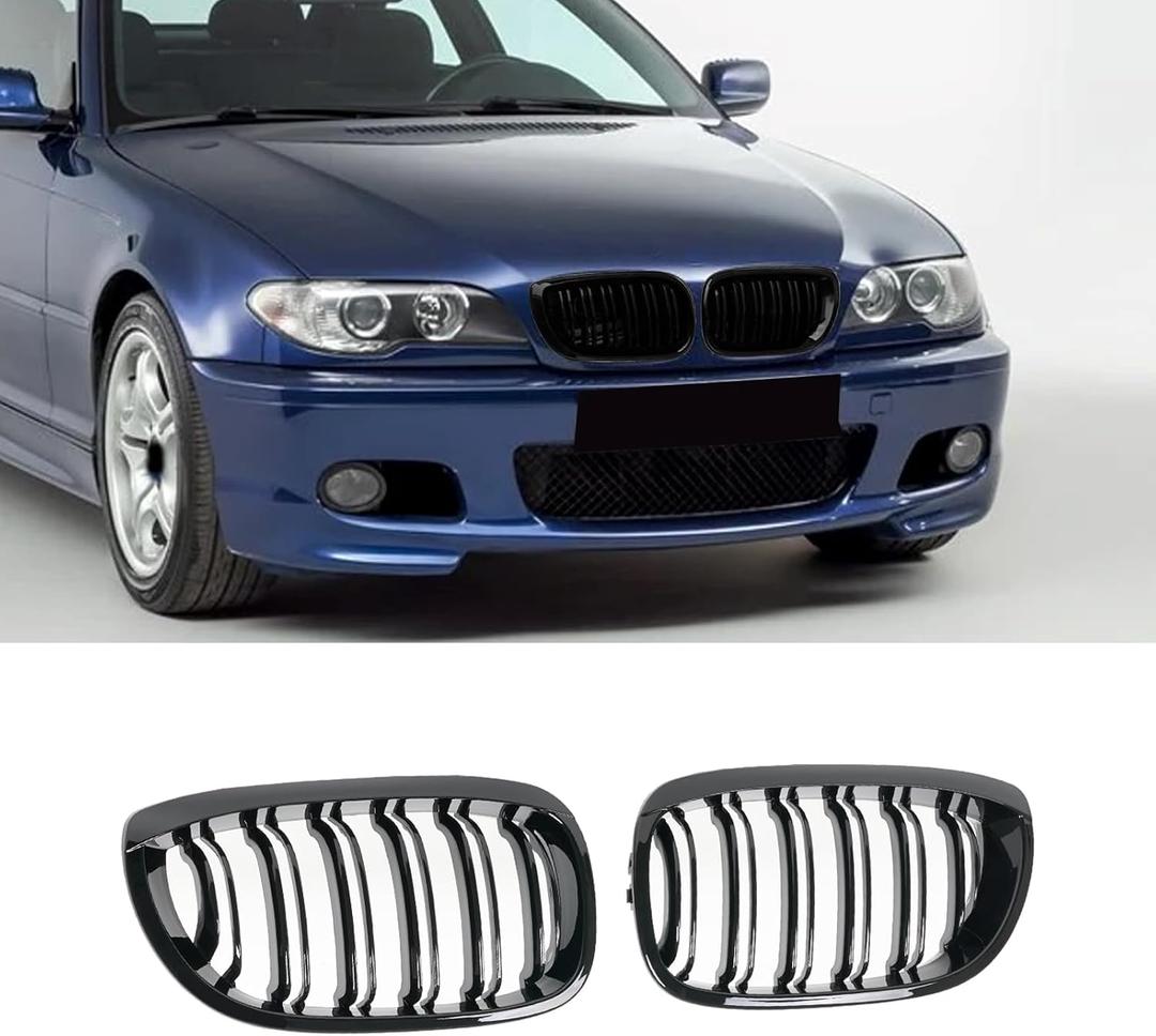 KHK Front Grill For BMW 3 Series E46 LCI 2-Door 2003-2006 325Ci 330Ci (facelift models), Gloss Black ABS Automotive Replacement Grille Double Slats Kidney Front Grill