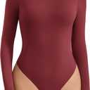 Avidlove Women's Crew Neck Long Sleeve Bodysuits Basic Slim Tops Double Lined Thong Bodysuit (Medium, Burgundy)