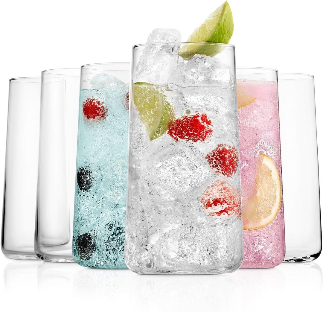 BENETI Modern Tall Drinking Glasses Set of 6 | Handmade In Europe | 18oz Premium Highball Crystal Glass Cups for Water and Juice
