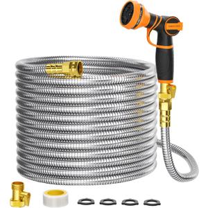 Giraffe Tools Garden Hose 100ft x 5/8", 304 Stainless Steel Metal Water Hose, No Kink Garden Water Hose with 9 Pattern Spray Nozzle, Flexible, Lightweight, Kink Free Hose for Yard, Outdoor