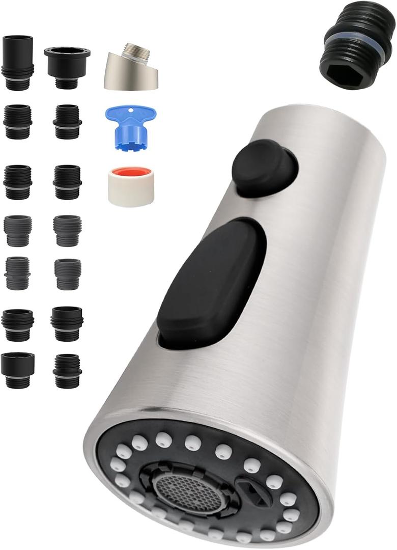 Universal Kitchen Faucet Head Replacement with 15 Adapters Compatible with Moen/Pfister/Peerless/Kohler Curve Shape Faucet, 3 Function Pull Down Sink Faucet Sprayer Head, Brushed Nickel
