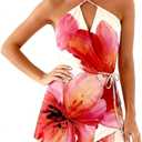 Women's Summer Halter Backless Dress, Floral V Neck Mini Dresses, Sleeveless Sundress - Outfit for Beach/Vacation/Going Out, X-Large