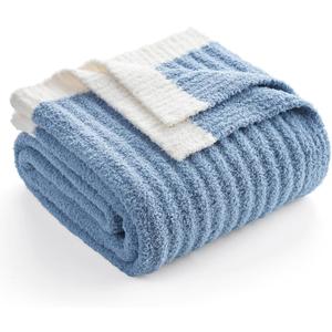 Snuggle Sac Ribbed Blue Throw Blanket for Couch, Microfiber Knit Stripe Throws, Soft Fuzzy Blankets for Couch, Sofa, Travel, Blue, 50x60 inches