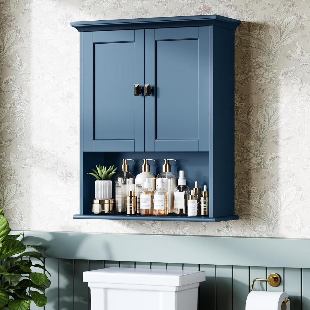 Bathroom Wall Cabinet, Wooden Medicine Cabinet Over Toilet Storage Cabinet with Doors and Adjustable Shelf Wall Mounted Storage Organizer Cabinet Above Toilet (Ultramarine), 28'' W X 16'' H X 6'' D