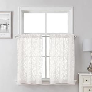 Lecloud Leia Ivory Sheer Curtains 30 Inch Length 2 Pcs, Jacquard Leaf Textured Voile Short Curtains with Dual Rod Pocket, Farmhouse Bedroom Living Room Kitchen Tiers, Each Panel 28" W x 30" L