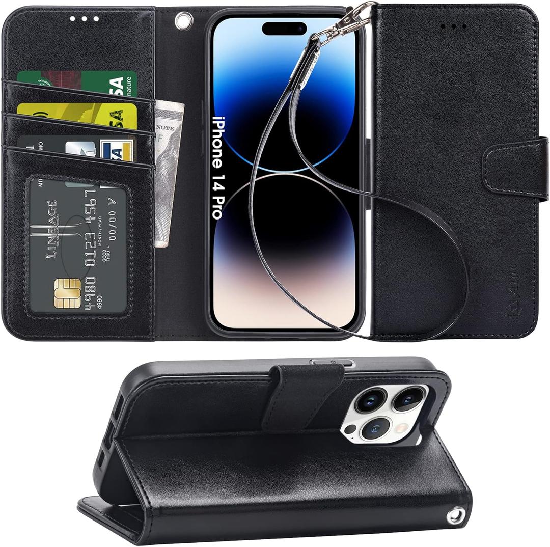 Arae Compatible with iPhone 14 Pro Wallet Case with Card Holder and Wrist Strap Wallet Flip Cover for iPhone 14 Pro 6.1inch, Black