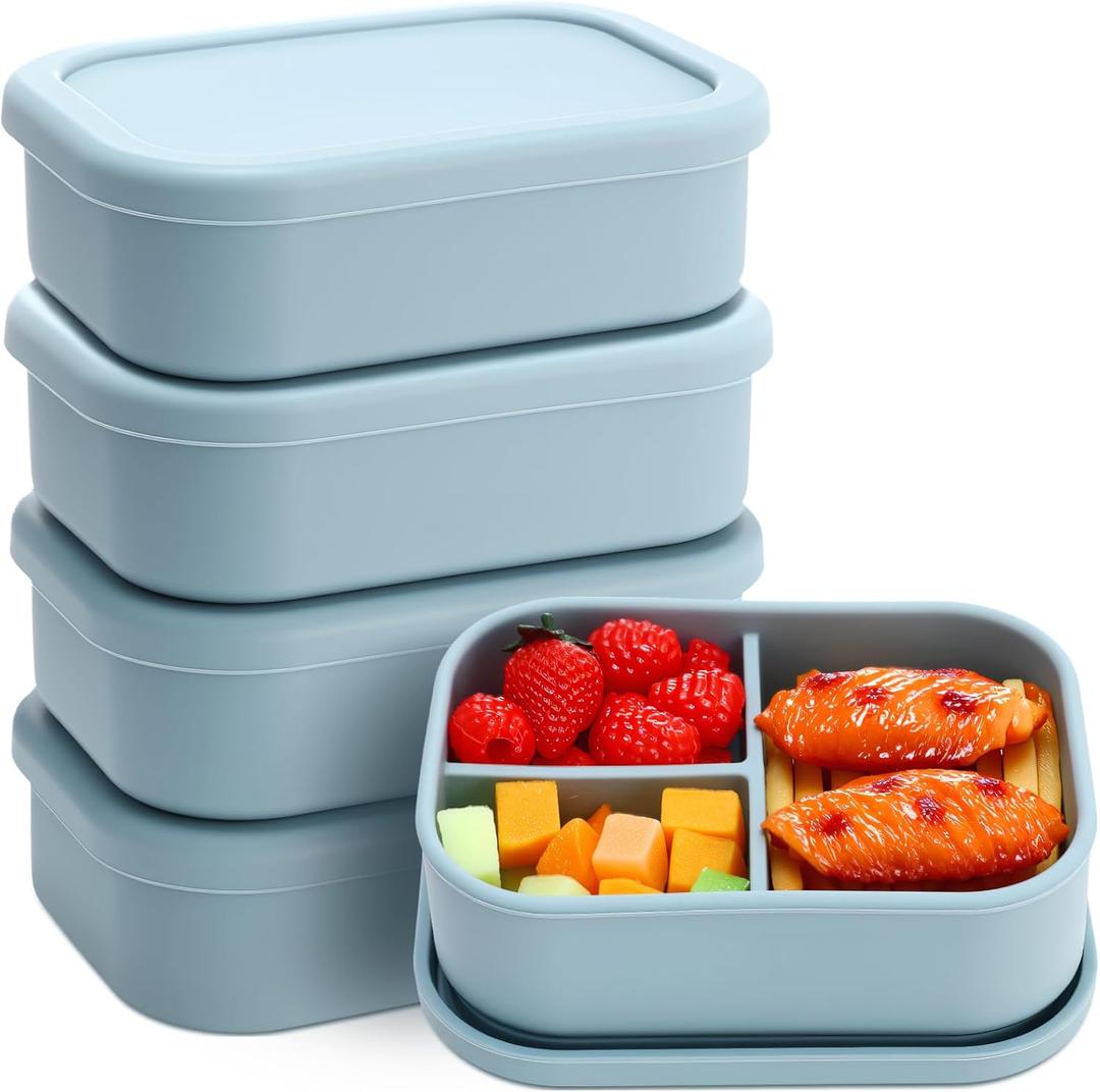 Honeydak 4 Pcs Silicone Bento Box Reusable Silicone Bento Lunch Container for Adults Microwave Dishwasher Freezer Safe 3 Compartment (Blue)