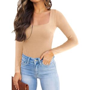 REORIA Womens Basic Sexy Square Neck Double Lined Long Sleeve Bodysuit Tops Jumpsuits (L)
