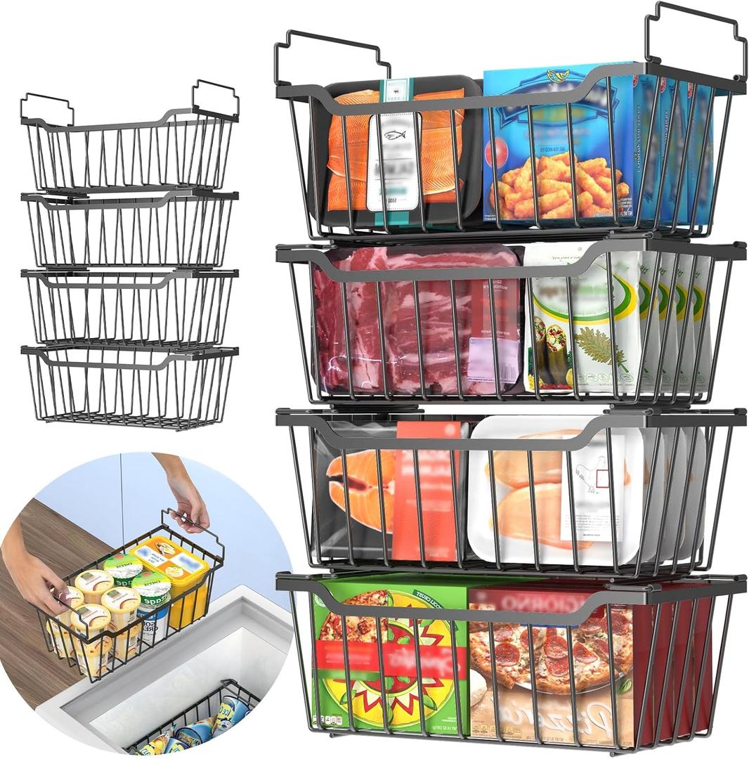 Goovilla Freezer Organizer Bins with Foldable Handle, 8 Pack Stackable Freezer Baskets for 3.5-7 Cu.FT Deep Chest Freezer Organization, Coated Metal Freezer Storage Bins with Better Space Utilization (Black)