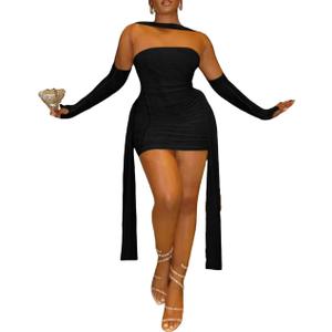 Sexy Strapless Tube Top Mesh Mini Dress for Women Bodycon Ruched Ribbons Birthday Date Night Dresses (Black, M)