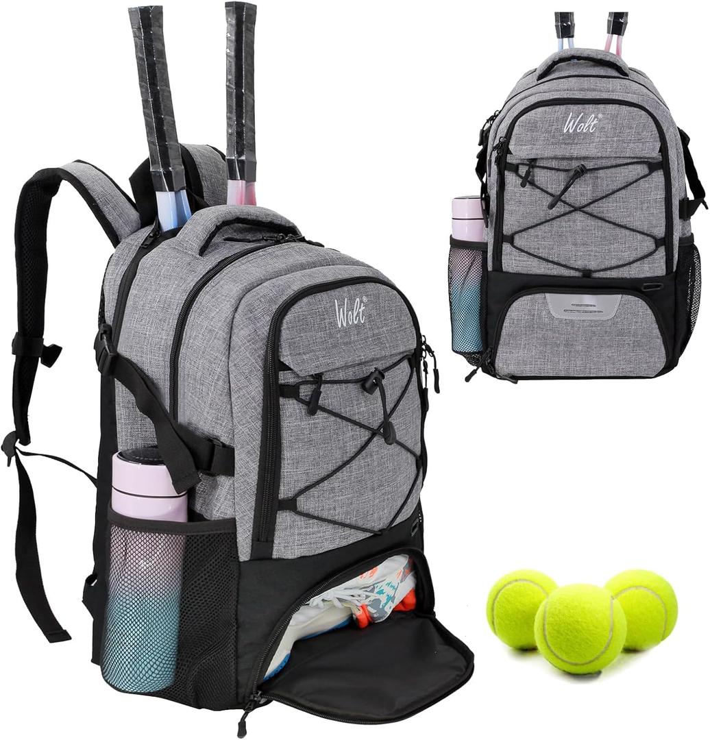 WOLT Tennis Bag - Large Tennis Racket Backpack for Men & Women - Ventilated Shoe Compartment - Holds 2 Rackets
