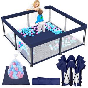 TOREVSIOR Foldable Baby Playpen with Mat, 50"50" Collapsible Play Pen for Babies and Toddlers, Indoor & Outdoor Kids Safety Play Pen, Portable Play Yard, Foldable Baby Playpen with 50 Ocean Balls
