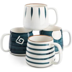 DEAYOU Set of 4 Porcelain Coffee Mugs, 17 Oz Ceramic Coffee Cups with Handles, Large Hand-Painted Tea Cups for Cappucino, Milk, Latte, Cocoa, Hot or Cold Drinks, Microwave & Dishwasher Safe