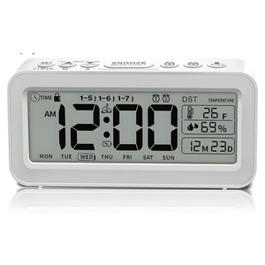 Portable LCD White Backlight high Clear Large Screen Multi-Functions Digital Clock,Alarm Clock,Timer with Forward time and Count Down,Light Sensor,Humidity and Temperature displays.White
