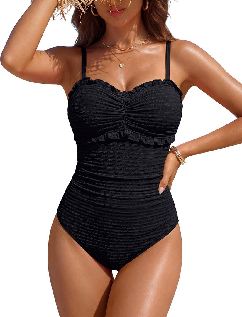 BMJL One Piece Swimsuit Women Tummy Control Textured Adjustable Straps Full Coverage Bathing Suits 2026 (Black, XXL)