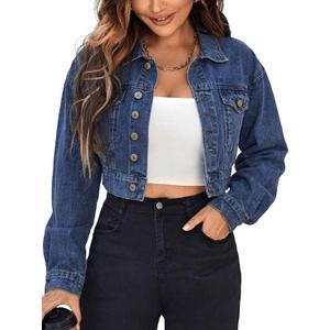 EMMIOL Cropped Denim Jacket for Women Vintage, Oversized Jean Jacket Distressed Dark Wash, Baggy Short Coat (Large, Medium Blue)