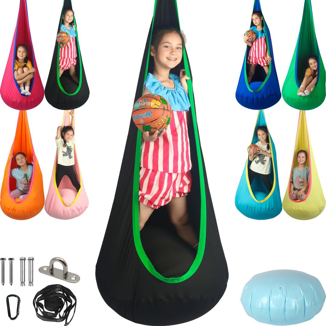 HiChrote Kids Pod Swing Seat, Max 300 Lbs, Child Sensory Swing Chair Indoor & Outdoor Therapy Hammock Chair with Hanger Kit for Calming, Effect for Autism, ADHD or SPD. (Black)