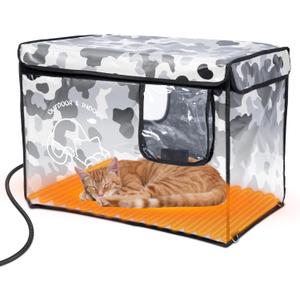 Heated Cat House Outdoor with Two Exits,Insulated and Waterproof, Outside Weatherproof Feral Cat Shelter for Winter (Camouflage, L)