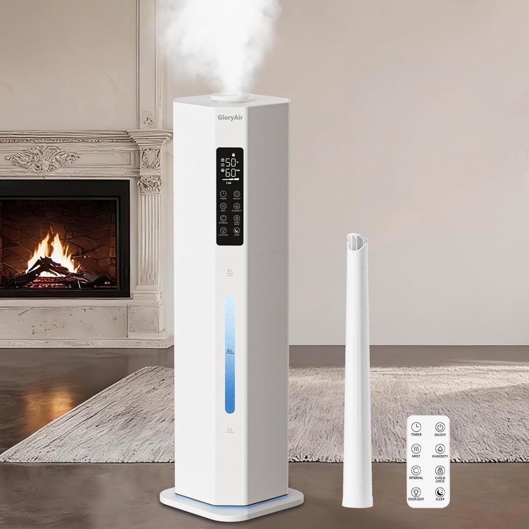 Humidifiers for Bedroom - GloryAir 2.38Gal/9L Top Fill Cool Mist Humidifier for Large Room 500ft 120H Last with Auto Mode 7-Color Light Humidistat Aroma Box Quiet Humidifiers for Plants Baby & Adults