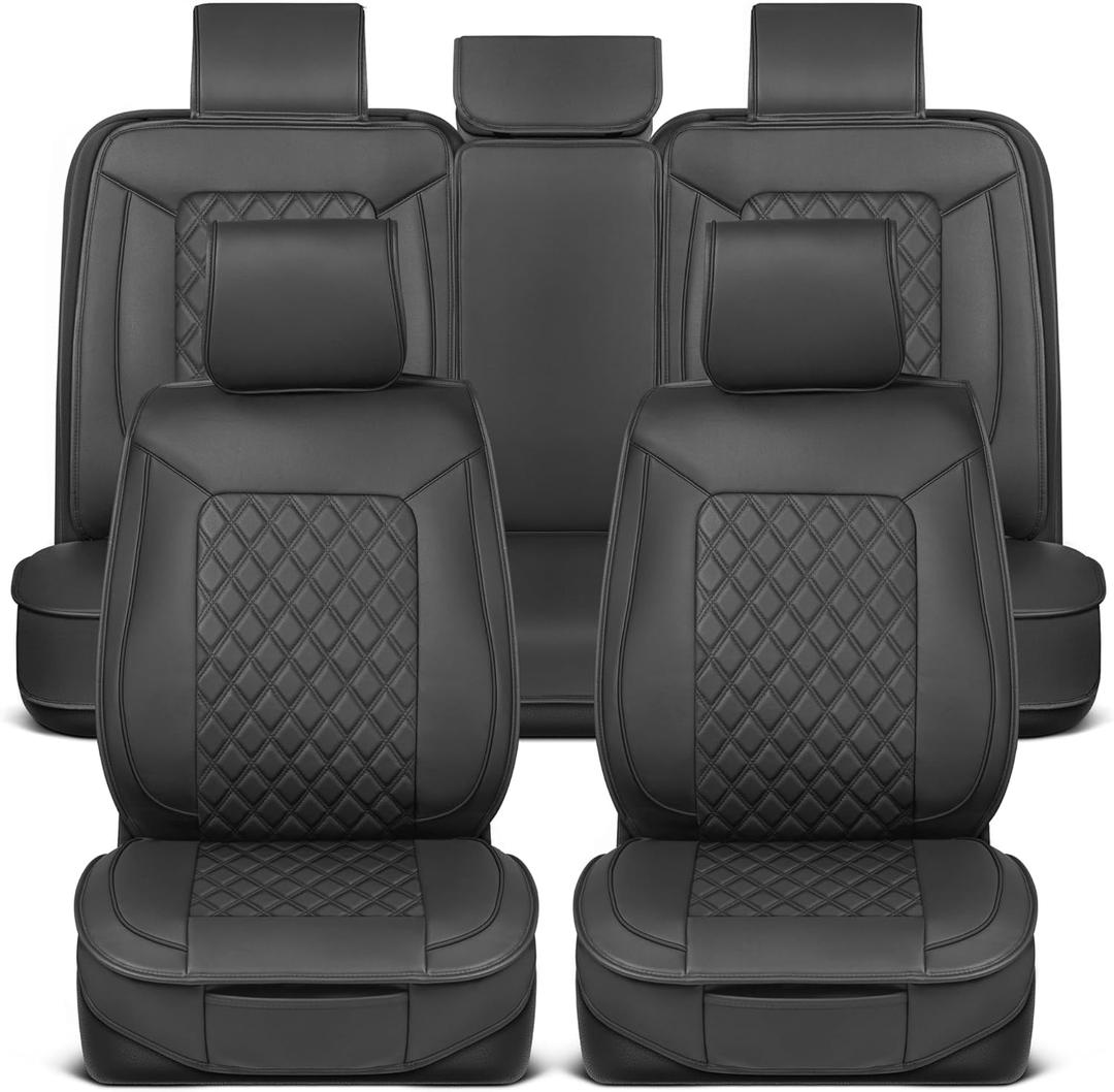 Prestige Faux Leather Seat Covers - Semi-Custom Fit Car Seat Covers Full Set - Seat Covers for Trucks & SUV PU Leather Car Seat Covers - 2 Front Seat Interior Covers & 1 Back Bench Seat Cover (Black)