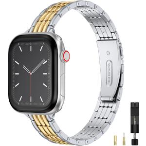 Wearlizer Slim Metal Band Compatible with Apple Watch Bands for Women 40/38/41/42/44/45/46/49mm, Dressy Stainless Steel Strap Gold Silver Bracelet for iWatch Series 11 10 9 8 7 6 5 4 SE/Ultra 3 2 1