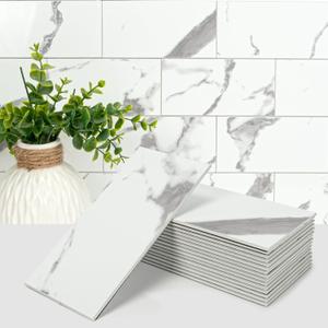 Art3d 102-Piece Faux Stone Peel and Stick Backsplash Tile, Waterproof Thick PVC Stick On Subway Wall Tile for Kitchen Bathroom Laundry Room Fireplace - 3" x 6" Gray Marble