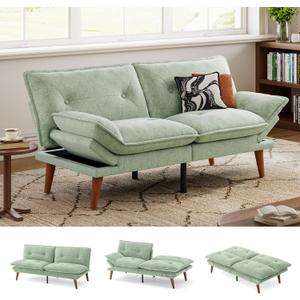 LINSY HOME Futon Sofa Bed, 70" Chenille Futon Couch with Adjustable Backrest Armrest, 3 in 1 Convertible Comfy Loveseat Sleeper Sofa Bed for Small Spaces Dorm Room Apartment Home Office, Light Green