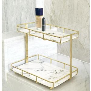 10in Bathroom Organizer Countertop Perfume Organizer Makeup Organizer Cosmetics Storage Display Rack Vanity Tray Dresser Stainless Steel Gold Shelf White Marble Ceramic Tray