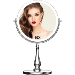 9" Large Lighted Makeup Mirror, 1X/10X Magnifying Vanity Mirror with 3 Colors Dimmable Lightning, 80 LED Lights, 360Rotation Double Sided Standing Desk Mirror (Silver)