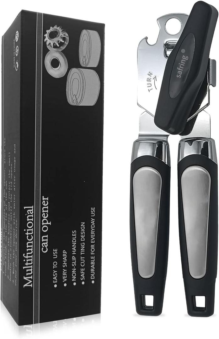 Can Opener Manual, Handheld Strong Heavy Duty Stainless Steel Can Opener, Comfortable Handle, Sharp Blade Smooth Edge, Can Openers with Multifunctional Bottle Opener (Black)