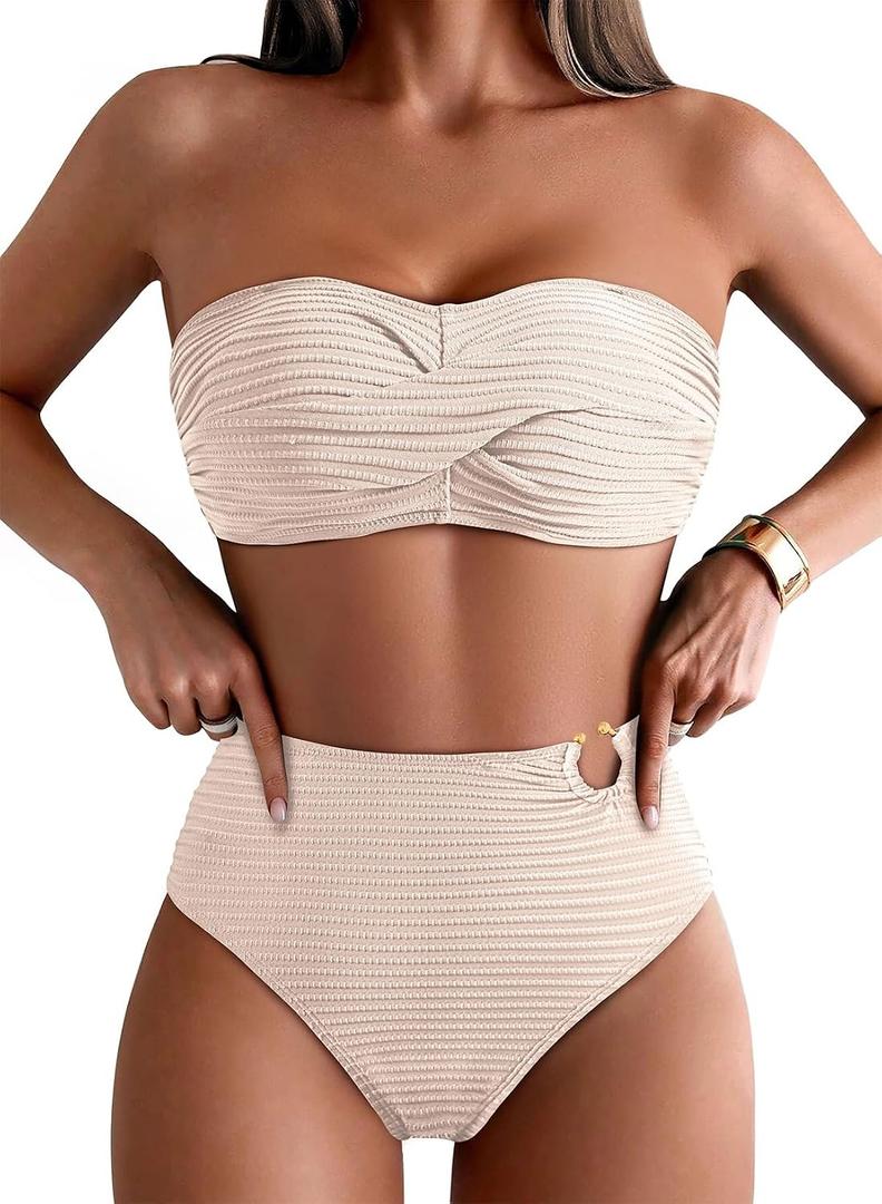 Pink Queen High Waisted Bikini Set for Women Strapless Bathing Suit Beige L