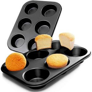 2 Packs Premium Steel Muffin Pan for Baking, Round Muffin Baking Pan, Baking Tray for Muffins, Cupcakes, Brownie(Black, 6 Cup)