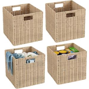 TAIMEI&G02 12x12x12inch Plastic Wicker Cube Baskets Large Square Foldable Handwoven Laundry Organizer Set of 4, Beige
