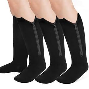 3 Pairs Zipper Compression Socks for Women Wide Calf -4XL (15-20mmhg) Compression Socks Men Extra Large Knee High Compression Sock for Nurses Travel Running