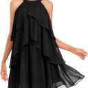 DRESSTELLS Women's Cocktail Ruffle Tiered Dresses, Formal Wedding Guest Holiday Party Halter Mini Dress (Black, L)