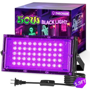 50W LED Black Lights IP66 Waterproof Black Light Outdoor with 5.9ft Plug+Switch,Flood Blacklight for Halloween Glow in The Dark Party Stage Light Neon Glow Birthday 1 Pack